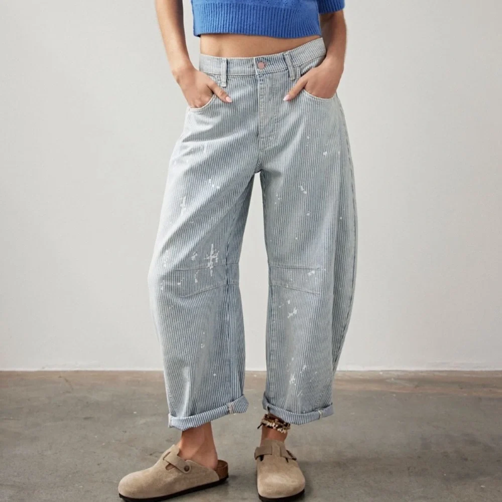 NWT Free people good luck mid rise stripe barrel jeans - Picture 4 of 7